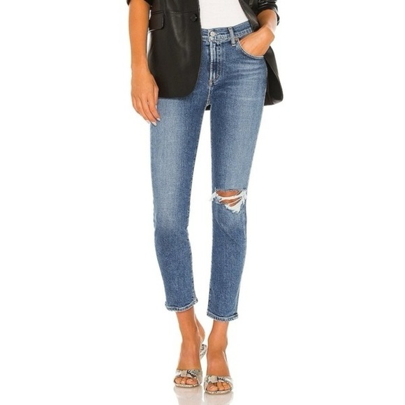 Agolde Toni Straight Jean Mid Rise Distressed Medium Wash Shoreline - Picture 1 of 12